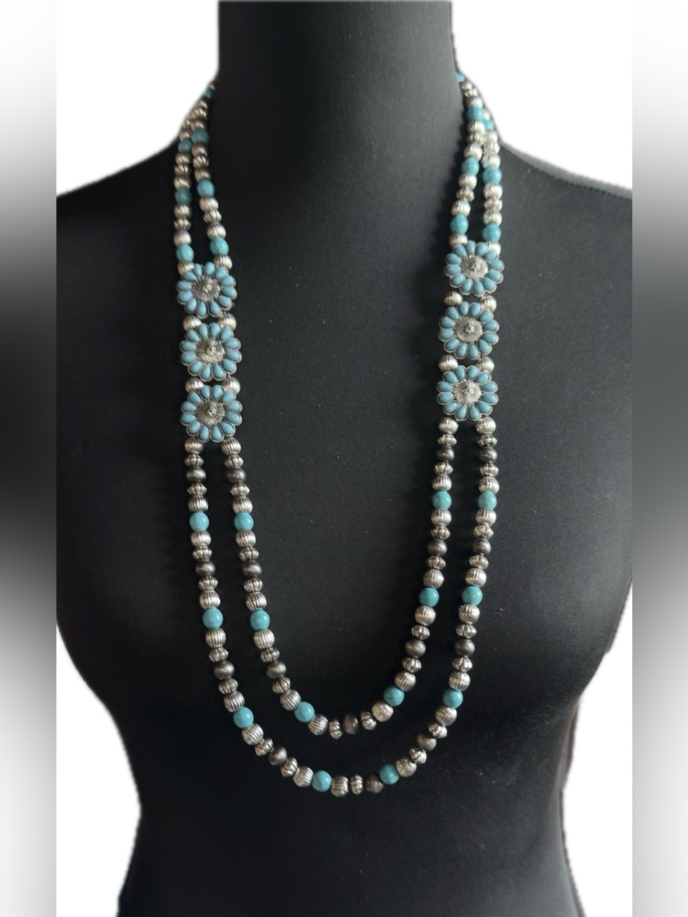 15” Shyanne Turquoise Floral Double Strand Necklace with Silver Accents